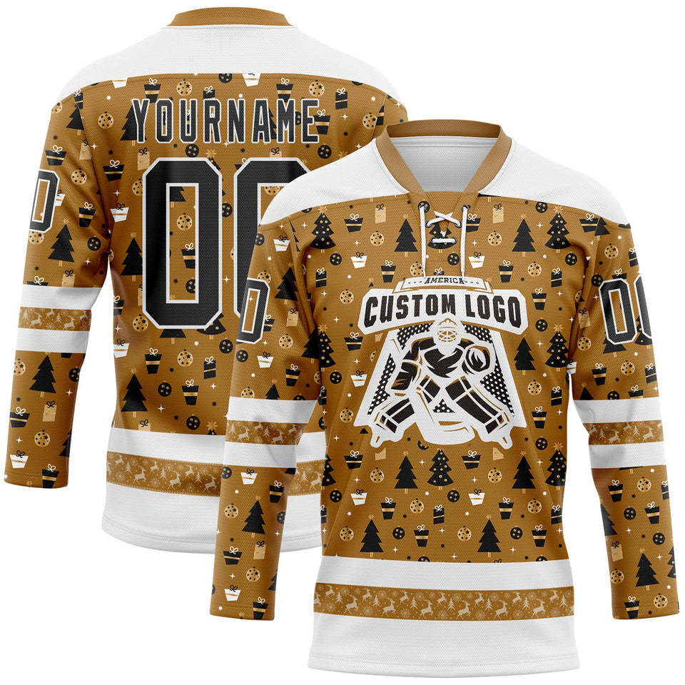 Custom Old Gold Black-White 3D Christmas Hockey Lace Neck Jersey
