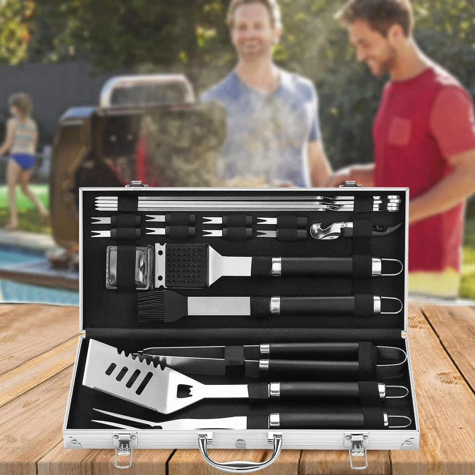 20PCS BBQ Grill Tools Set - Extra Thick Stainless Steel Fork. Spatula. Tongs& Cleaning Brush - Complete Barbecue Grilling Utensils Set in Aluminum Storage Case - Perfect Grill Gifts for Men