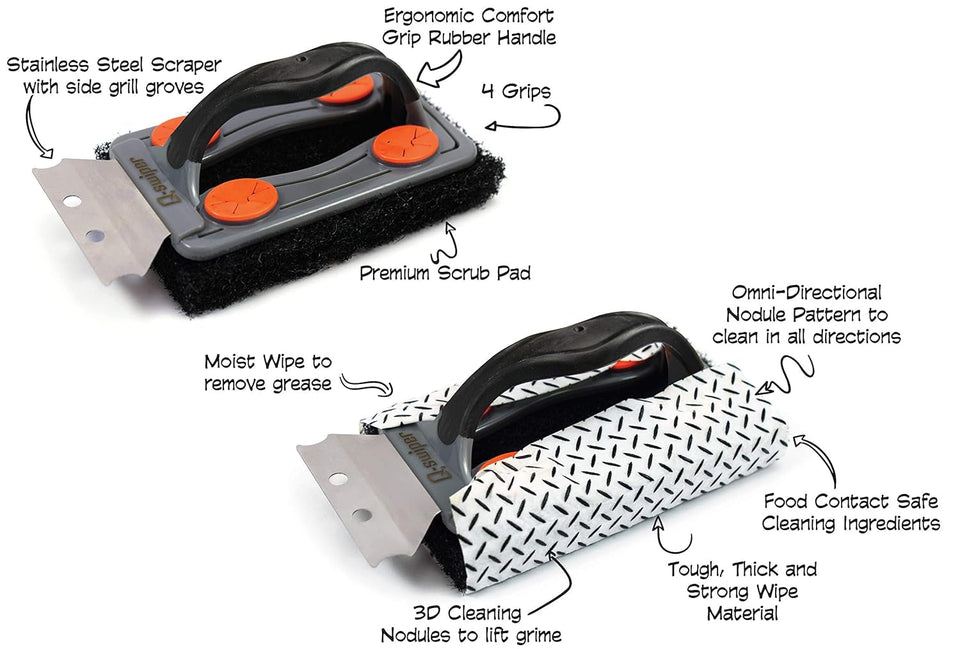 Q-Swiper BBQ Grill Cleaner Set - 1 Grill Brush with Scraper and 25 BBQ Grill Cleaning Wipes | No Bristles & Wire Free | Safe Way to Remove Grease and Grime for a Clean and Healthy Grill!