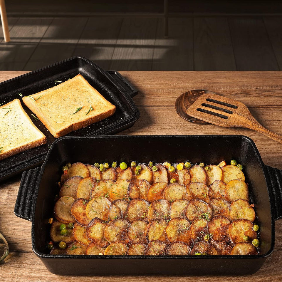 2-In-1 Pre Seasoned Cast Iron Dutch Oven with Skillet Lid.Casserole Dish.Rectangular Baking Pan.Griddle Pot Set. 6QT. 9X13