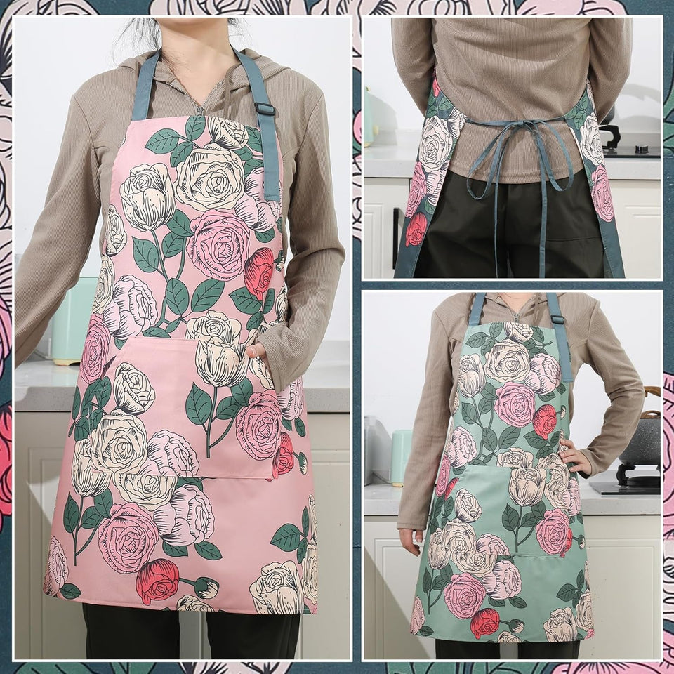 3 Pack Floral Aprons for Women with 2 Pockets. Women Aprons Waterproof Adjustable Cooking Aprons for Kitchen. Gardening. Baking. Salon Apron Gift for Mom Wife Sister Grandma