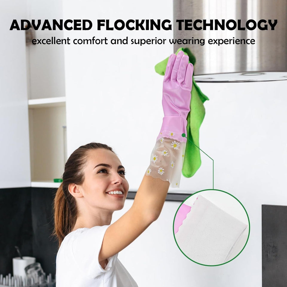 3 Pairs Rubber Cleaning Gloves for Household - Reusable Dishwashing Gloves for Kitchen. Waterproof Flocked Liner Dish Washing Gloves for Kitchen Bathroom. Laundry. Gardening (Large)
