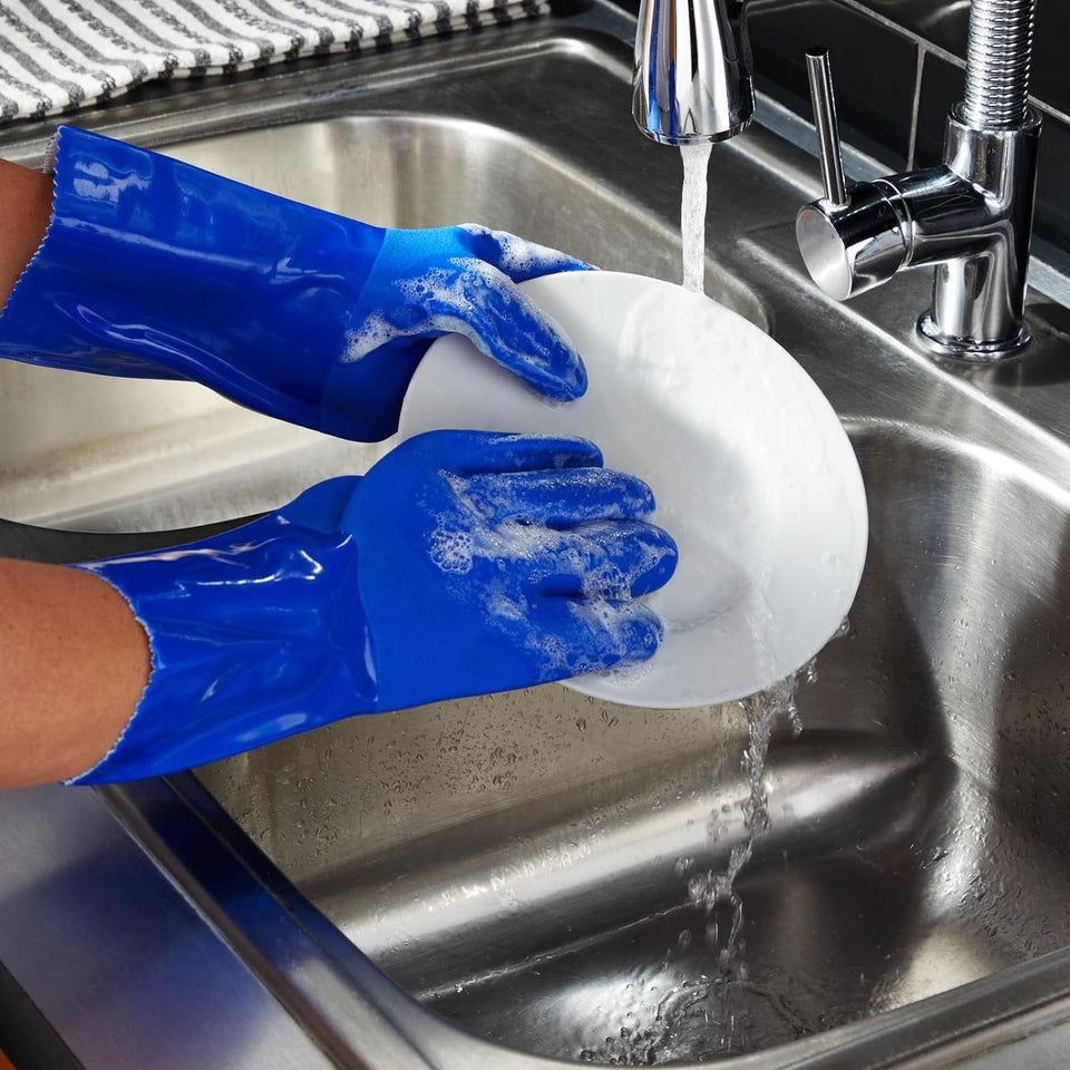2 Pairs Rubber Household Cleaning Gloves for Kitchen Dishwashing. Cotton Lined (Blue)