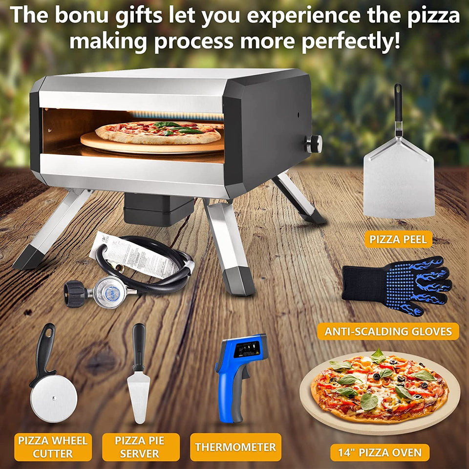 -Outdoor Gas Pizza Oven. Rotating Propane Pizza Grill Oven for Exterior Backyard Pizza Maker with 14 Pizza Stone. Portable Pizza Ovens for outside with Pizza Peel.Pia.Cutter.Gloves and Thermometer.