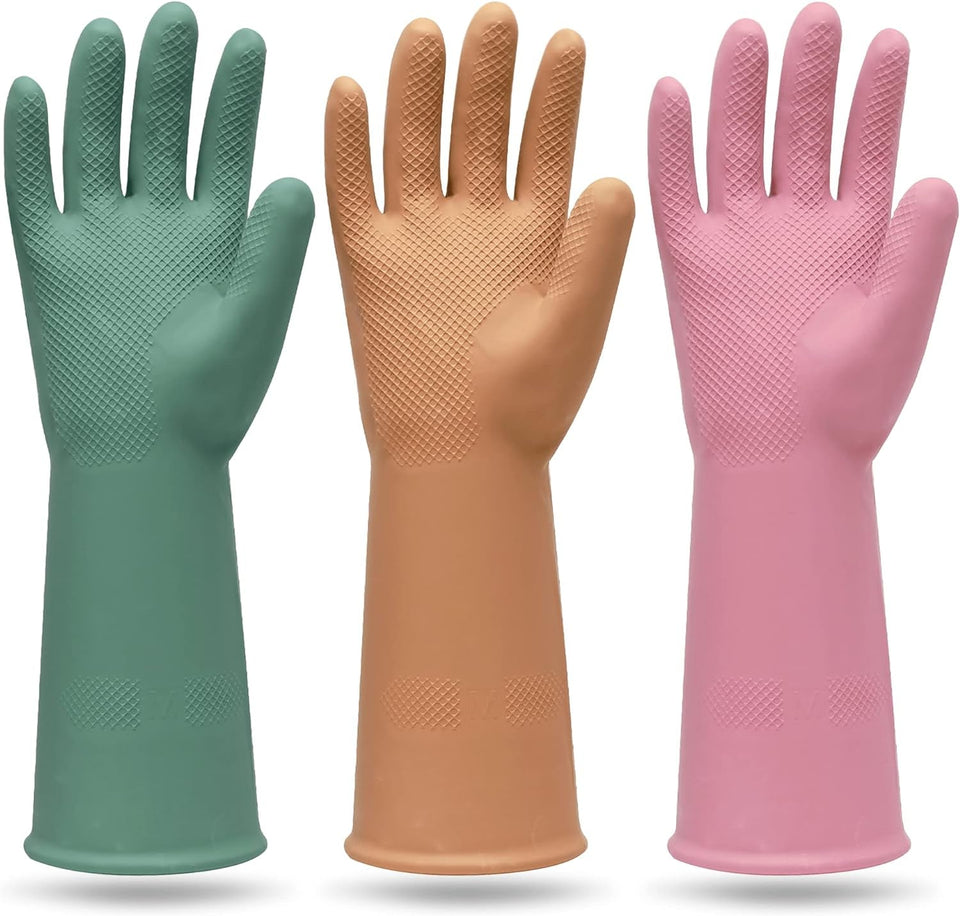 3 Pairs Colorful Reusable Waterproof Household Dishwashing Cleaning Rubber Gloves. Non-Slip Kitchen Glove