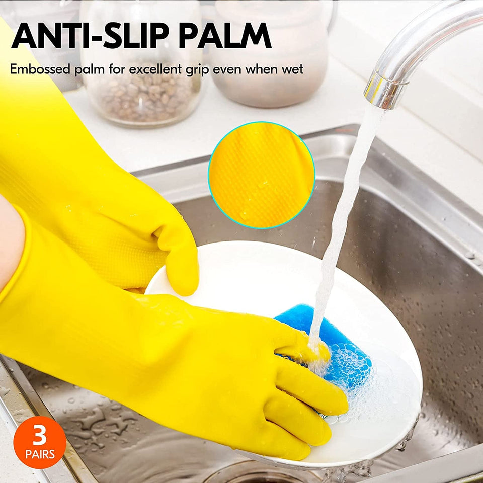 3-Pairs Reusable Household Gloves. Rubber Dishwashing Gloves. Extra Thickness. Long Sleeves. Kitchen Cleaning. Working. Painting. Gardening. Pet Care (Size L. Yellow. HH4601)