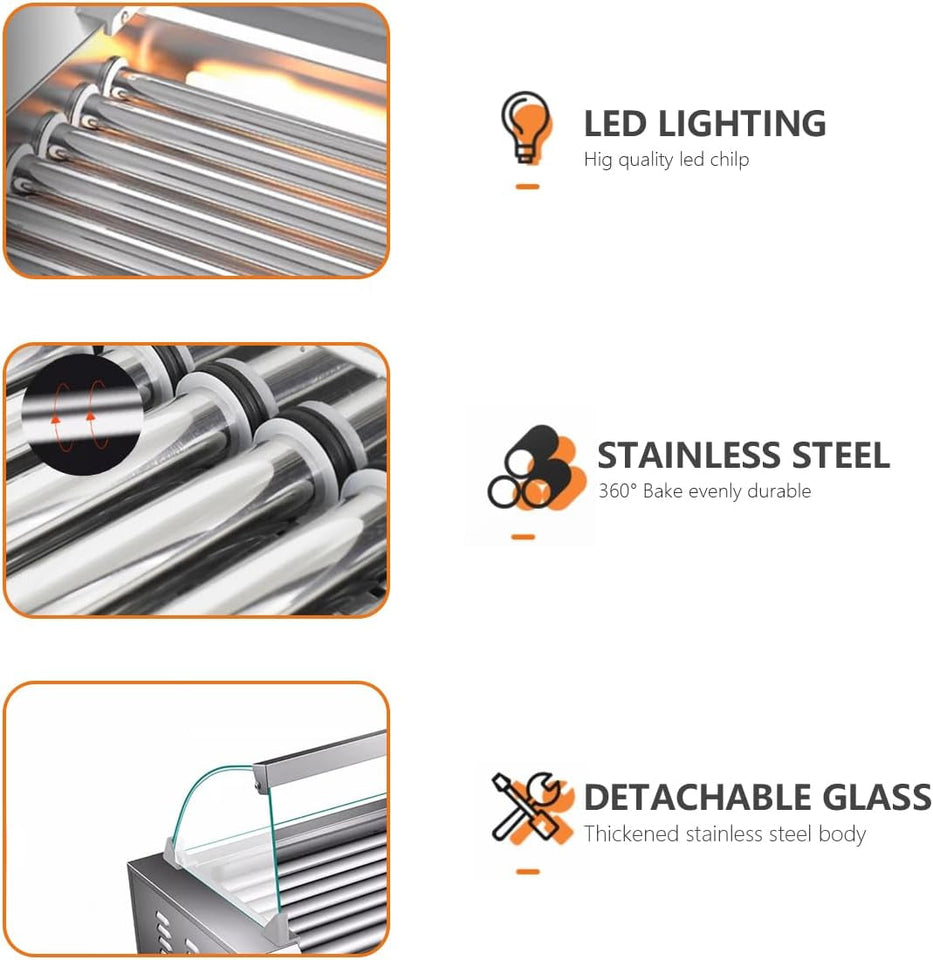 1670W Hot Dog Roller Machine/Sausage Grill with Dust Cover.Stainless Steel 11 Rollers 30 Hot Dog Roller Grill Cooker Machine with Dual Temp Control and LED Light/Detachable Drip Tray