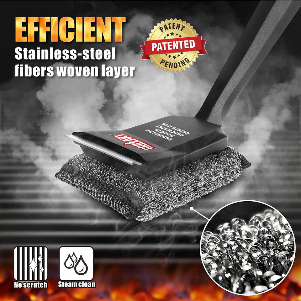 GRILLART Grill Brush Bristle Free. Steamwizards [Ultra Safe & Efficient] Grill Cleaner Brush with 1 Replacement Head. for Cast Iron and Stainless Steel Grates. BBQ Grill Brush for Outdoor Grill