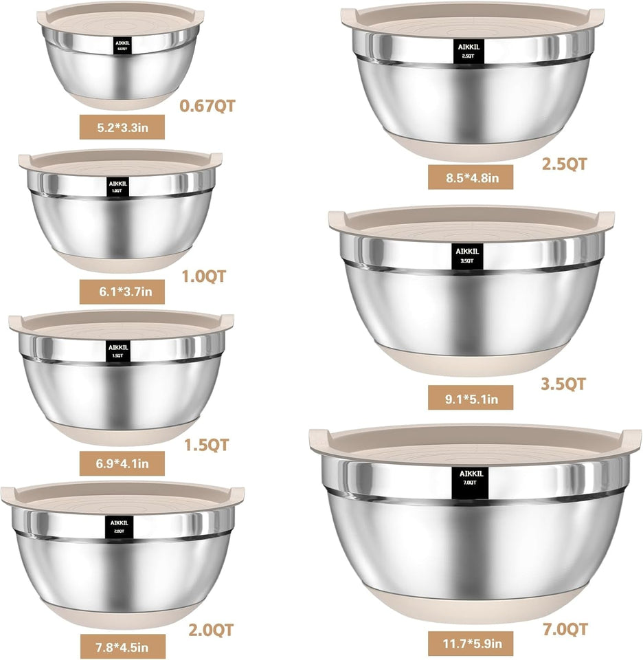 20‑Piece Stainless Steel Mixing Bowls with Airtight Lids – Non‑Slip Silicone Bottom. Nesting Set (Khaki)