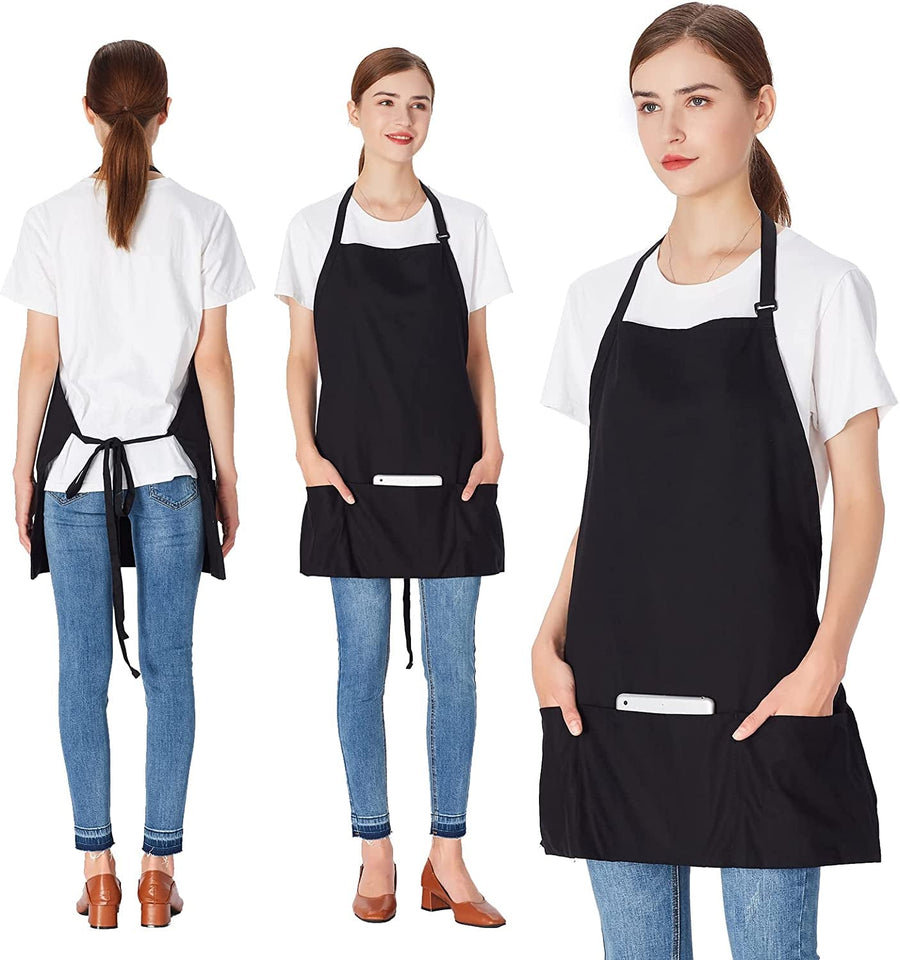 2 Pack 3 Pockets 100% Cotton Adjustable Bib Apron Chef Kitchen Cooking Aprons for Women Men. Black