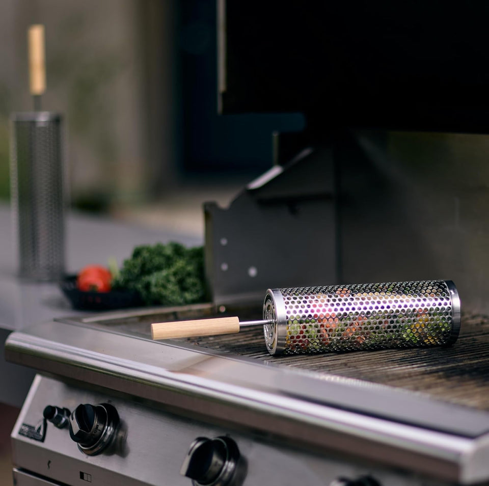 2Pcs Large Nesting Rolling Grill Baskets for Outdoor Grill. USA Based. Commercial Grade. 304 Stainless Steel BBQ round Grilling Baskets with Wood Handles Set with Oil Pourer/Brush and Grill Glove