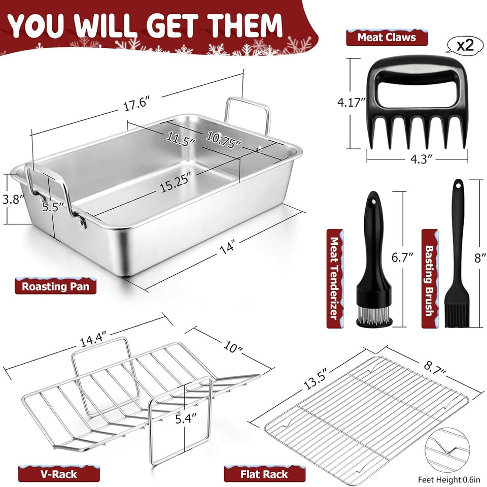 15.3'' Roasting Pan with Racks. Joyfair 7 Pcs Stainless Steel Large Turkey Roaster Pan with Handle. Cooling Flat Rack/V-Rack. Meat Tenderizer/Claws and Brush. Heavy Duty & Multi-Use. Dishwasher Safe