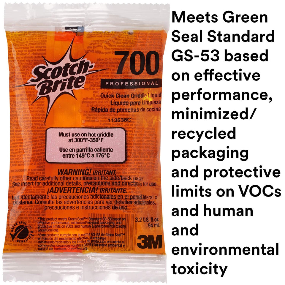 Scotch-Brite Griddle Cleaning. Quick Clean Liquid 700-40. 3.2 Oz Packet. 40/Pack. Heavy Duty. Cleans in 3-5 Minutes. for Baked on Food and Cooking Oils. Use on Hot or Cool Griddle