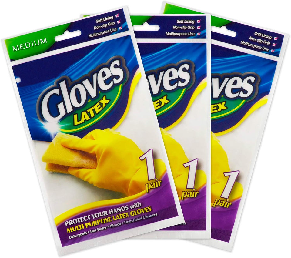 3 Pairs Yellow Cleaning Dish Gloves. Professional Natural Rubber Latex Gloves. Kitchen Dishwashing Gloves (3 Pairs)