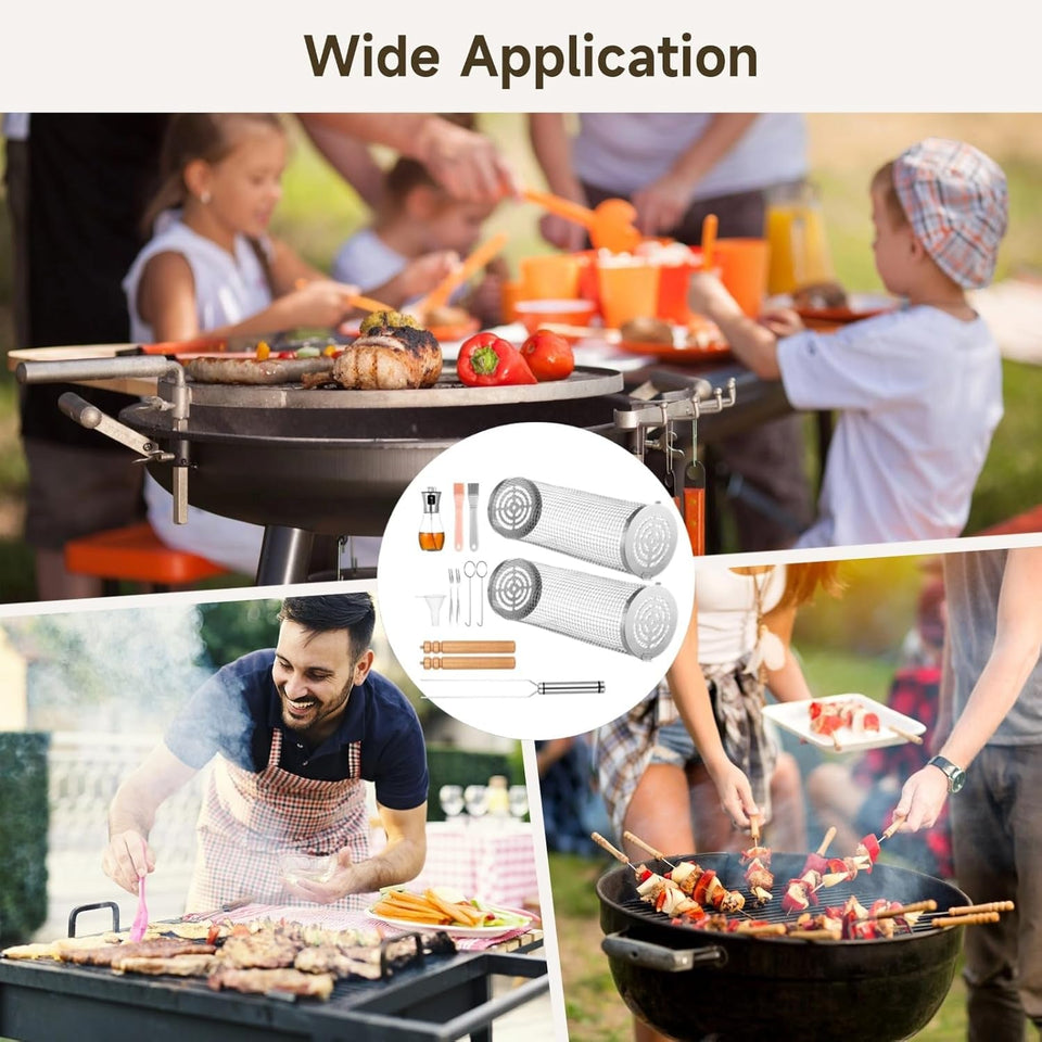 2 PCS Rolling Grilling Baskets for Outdoor Grill BBQ. Stainless Steel Cylinder Grill Mesh Barbeque Grill Accessories. Outdoor round BBQ Stainless Steel Grill Basket Campfire Grill Grid