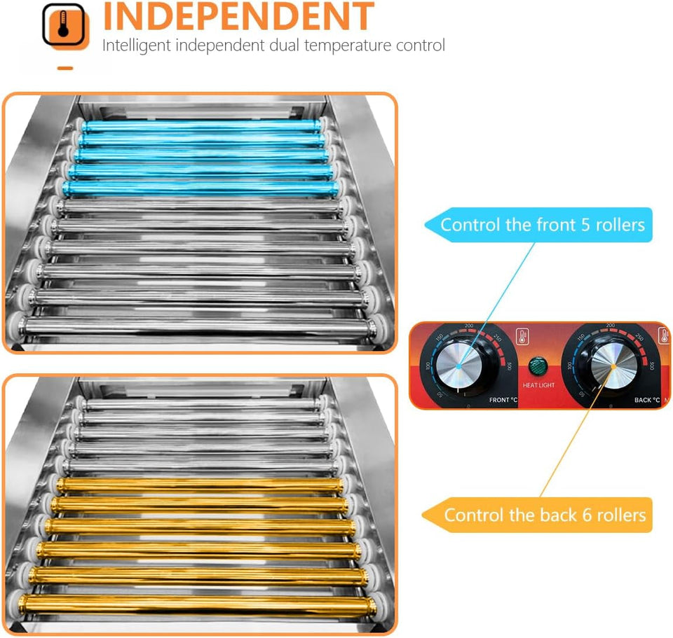 1670W Hot Dog Roller Machine/Sausage Grill with Dust Cover.Stainless Steel 11 Rollers 30 Hot Dog Roller Grill Cooker Machine with Dual Temp Control and LED Light/Detachable Drip Tray