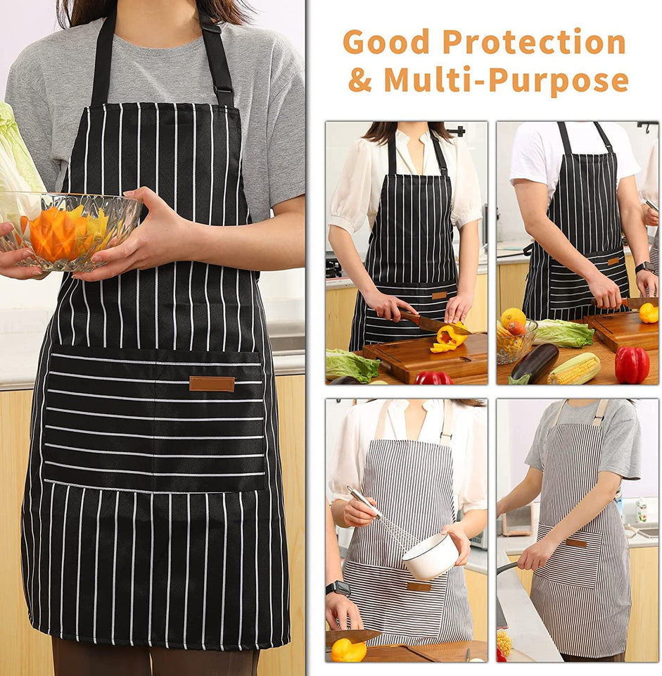 2 Pieces Kitchen Cooking Aprons. Cotton Polyester Blend Adjustable Bib Aprons with 2 Pockets for Women Men Chef Chef (Black/Brown Stripes. 2)