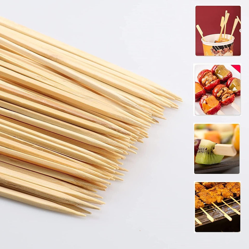 10-Inch Skewer for BBQ Kebab. Unbleached Long Bamboo/Wood Roasting Sticks for Grill -Heavy Duty Thickness -Flat Stick Flag Handle -With Dust-Free Packaging (100-Pack)