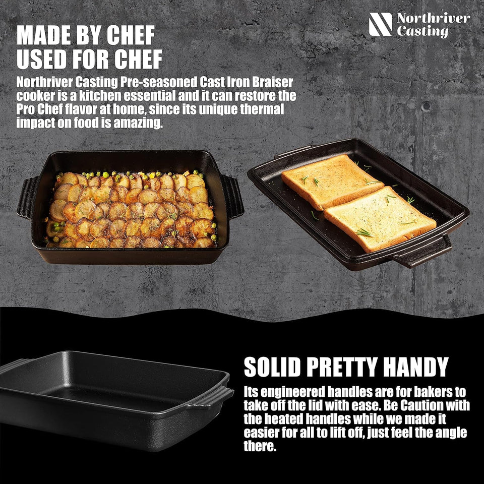 2-In-1 Pre Seasoned Cast Iron Dutch Oven with Skillet Lid.Casserole Dish.Rectangular Baking Pan.Griddle Pot Set. 6QT. 9X13