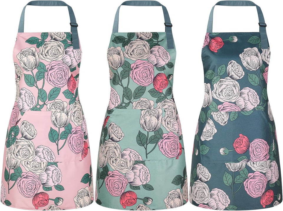 3 Pack Floral Aprons for Women with 2 Pockets. Women Aprons Waterproof Adjustable Cooking Aprons for Kitchen. Gardening. Baking. Salon Apron Gift for Mom Wife Sister Grandma