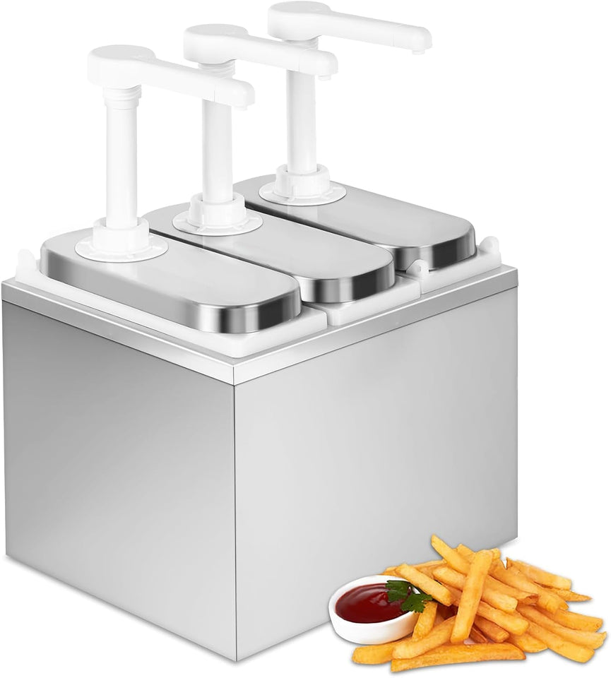3.2Quart Condiment Pump Station Stainless Steel Sauce Dispenser Pump Condiment Pump Dispenser with 3 of 1.1 Quart Jars