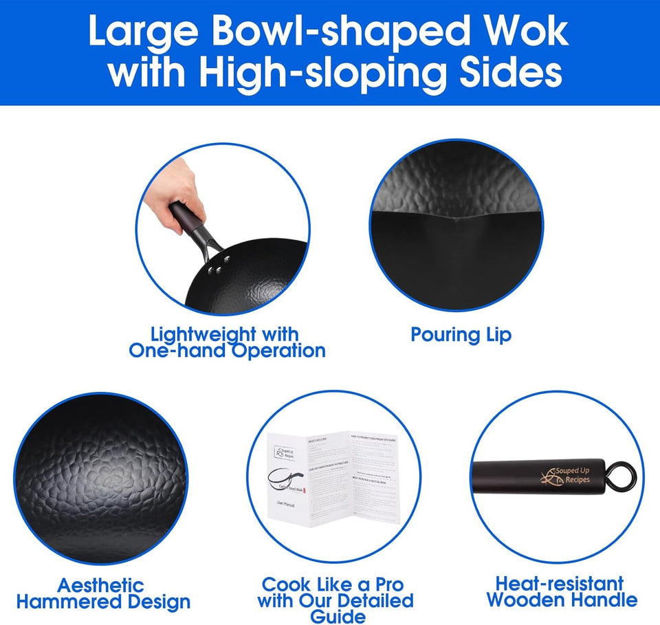 13.4 Inch Carbon Steel Wok for Electric. Induction and Gas Stoves (Lid. Spatula and User Guide Video Included)