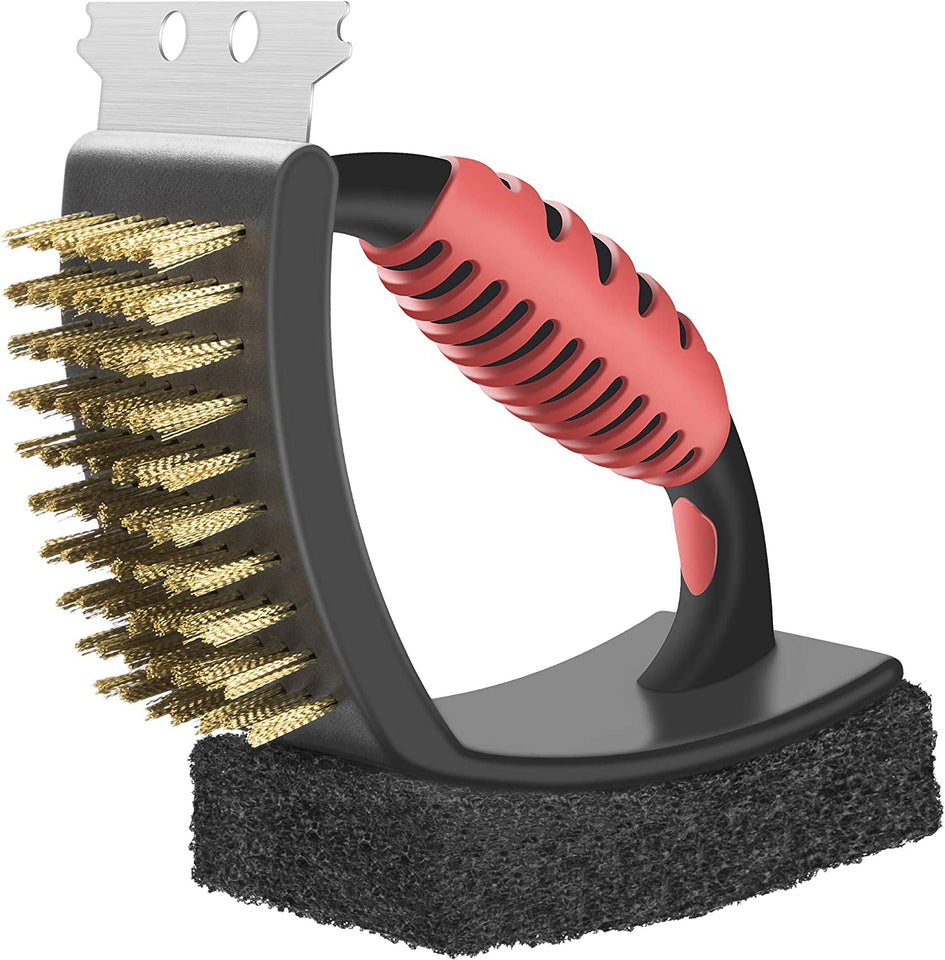 Grill Brush for Outdoor Grill. Brass Grill Cleaning Brush BBQ Cleaning Brush for Outdoor Grill. Multifunctional with Brass Bristle Scouring Pad and Scraper Grill Cleaner Brush and Scraper