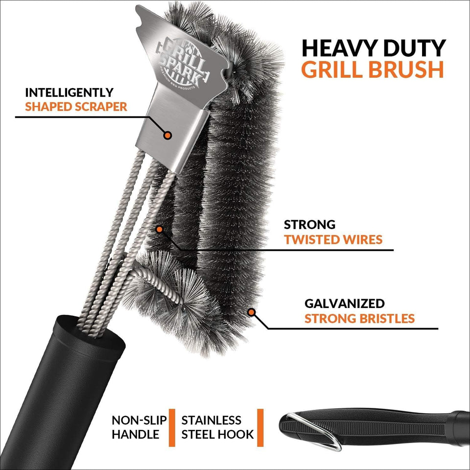 BBQ Grill Brush and Scraper 18 | Stainless Steel Cleaning Brush Accessories | Best for Weber Gas. Charcoal. Porcelain. Cast Iron. All Grilling Grates