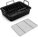 14 Inch Roasting Pan with Rack Set. P&P CHEF Turkey Roaster Pan & V-Shape Baking Rack & Cooling Rack for Chicken Vegetable Lasagna Cookie. Nonstick Coating & Stainless Steel Core. Sturdy & Healthy