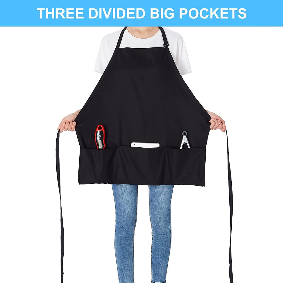2 Pack 3 Pockets 100% Cotton Adjustable Bib Apron Chef Kitchen Cooking Aprons for Women Men. Black