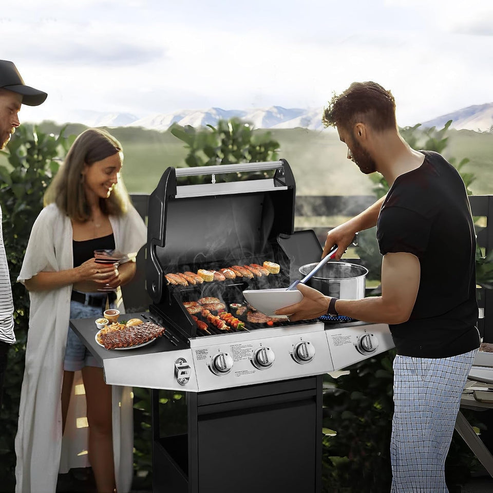 3 Burners Gas Grill with Side Burner. Propane Grill with Wheels and Storage. Outdoor Gas BBQ with Oil Tray and Thermometer for Patio and Party. 37000 BTU