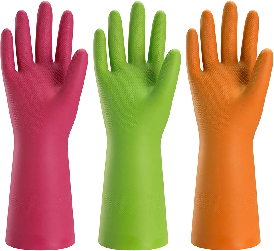 3 Pairs Rubber Cleaning Gloves for Household - Reusable Dishwashing Gloves for Kitchen. Flexible Durable & Waterproof (Medium. Green+Red+Orange)