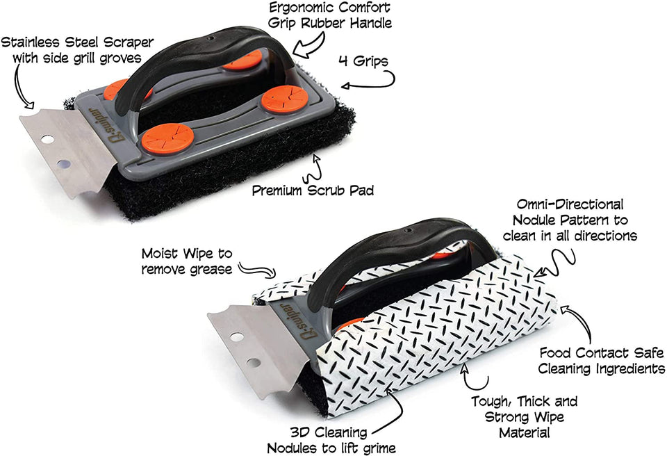 Q-Swiper BBQ Grill Cleaner Set - 1 Grill Brush with Scraper and 80 BBQ Grill Cleaning Wipes | No Bristles & Wire Free | Safe Way to Remove Grease and Grime for a Clean and Healthy Grill!