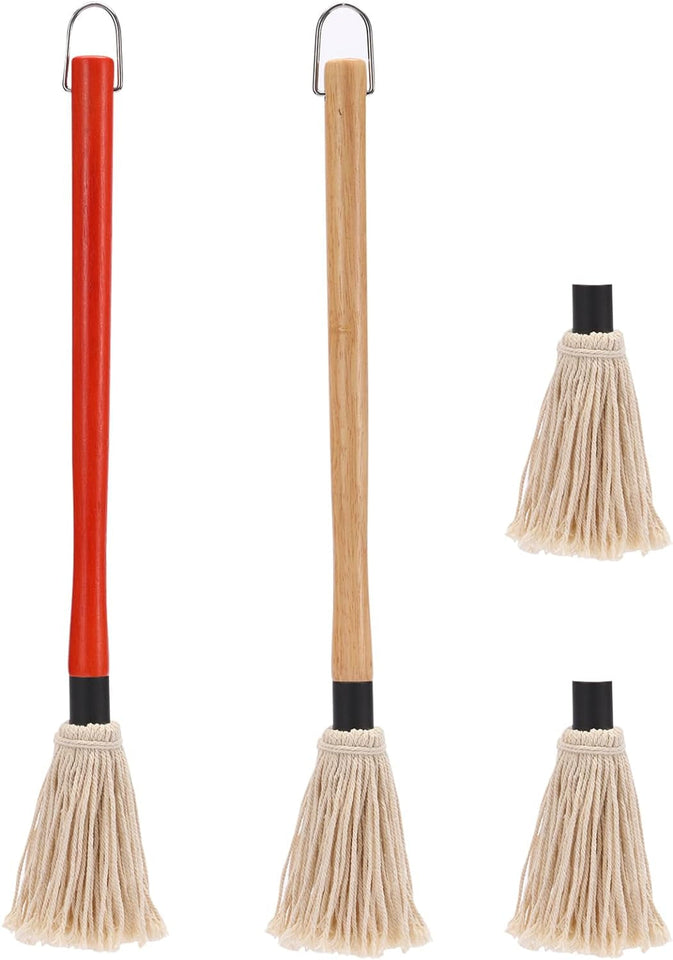 2 Pack 18 Inch Grill Basting Mop with Wooden Long Handle and 2 Extra Replacement Brushes for BBQ Grilling Smoking Steak (Nature Wood & Brown)
