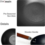 21St & Main Wok. Stir Fry Pan. Wooden Handle. 11 Inch. Lightweight Cast Iron. Chef'S Pan. Pre-Seasoned Nonstick. for Chinese Japanese and Other Cooking