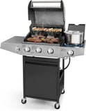 3 Burners Gas Grill with Side Burner. Propane Grill with Wheels and Storage. Outdoor Gas BBQ with Oil Tray and Thermometer for Patio and Party. 37000 BTU
