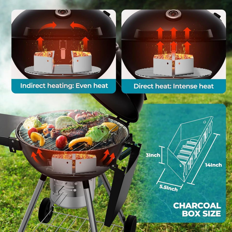 22 Inch Charcoal Grill with 2 Foldable Side Tables.Charcoal Kettle Grills with Wheels.Outdoor Bbq Grill.Portable Charcoal Grill for Camping.Party.Backyard (Black)