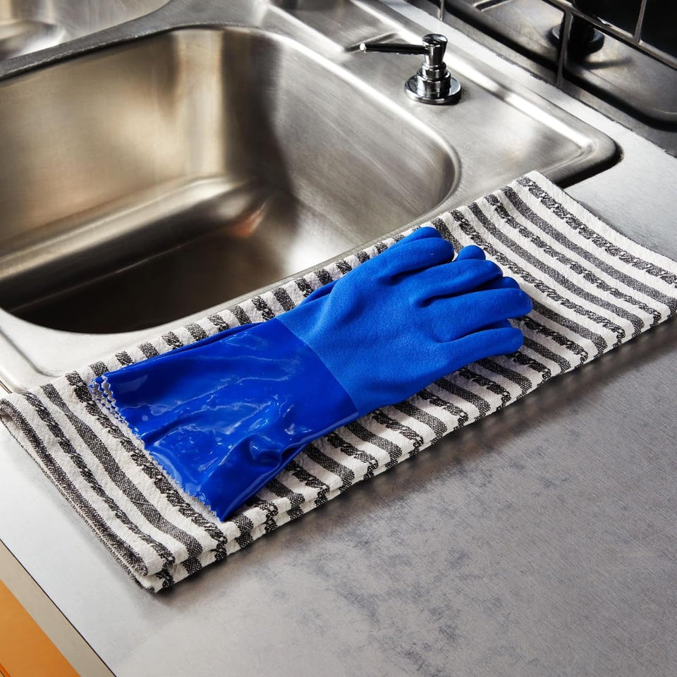 2 Pairs Rubber Household Cleaning Gloves for Kitchen Dishwashing. Cotton Lined (Blue)