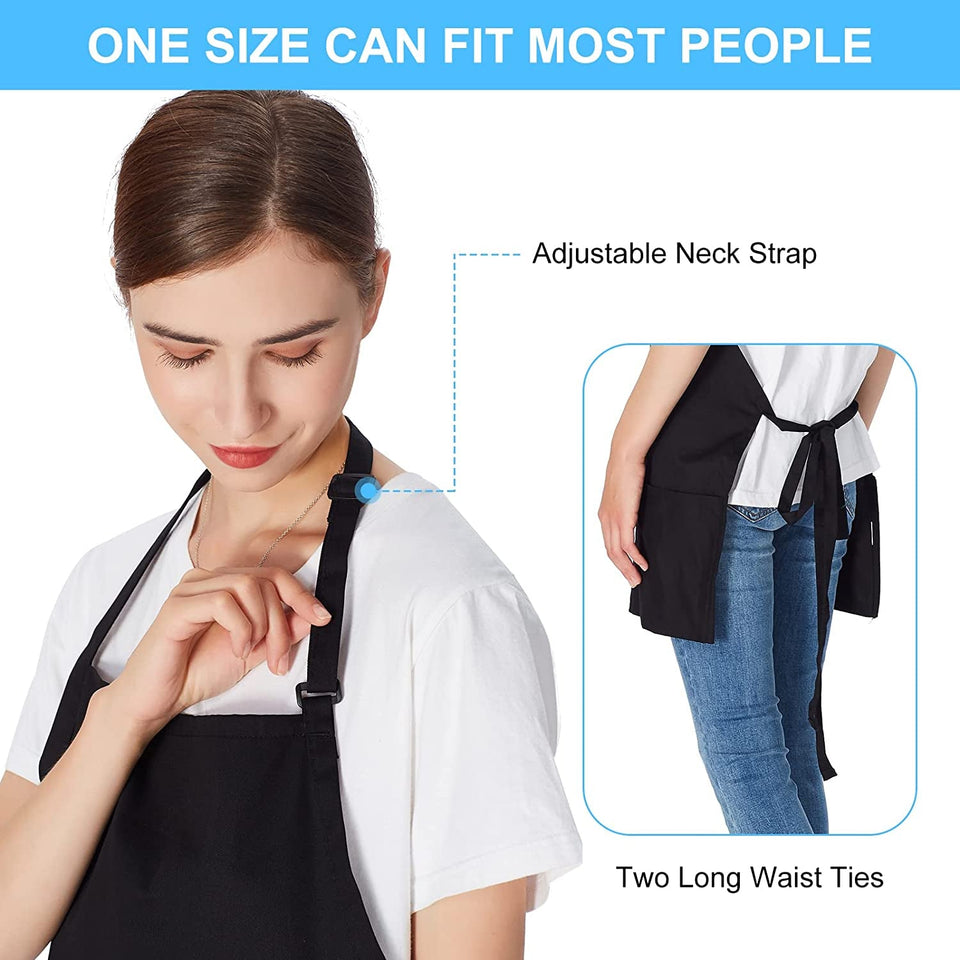 2 Pack 3 Pockets 100% Cotton Adjustable Bib Apron Chef Kitchen Cooking Aprons for Women Men. Black