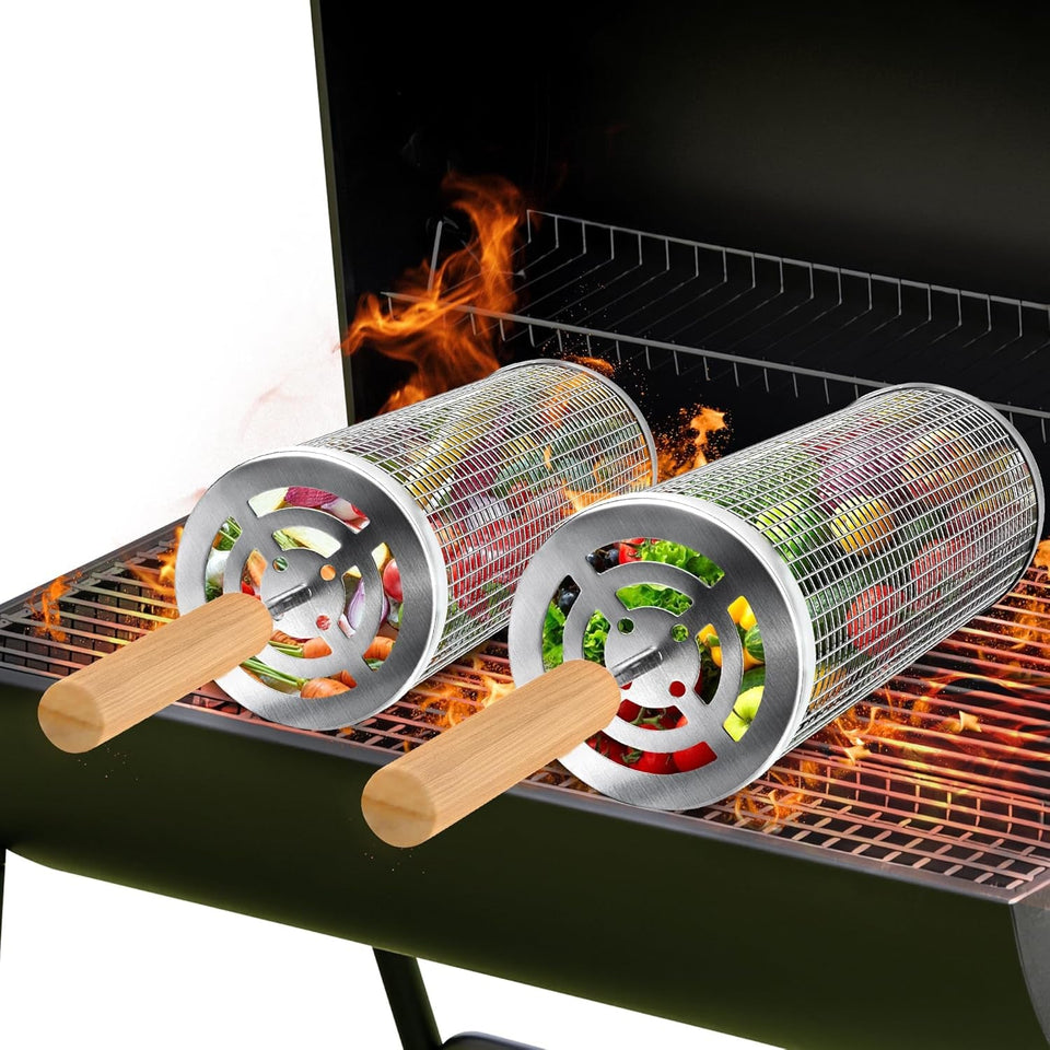 2‑Pack Stainless Steel Rolling Grill Baskets – Locking Handle. Round Design for Fish. Meat & Veggies | BBQ Gift Idea