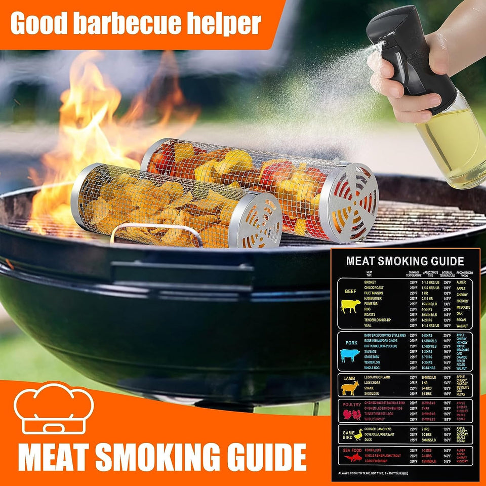 2 Pcs Rolling Grilling Baskets for Outdoor Grilling. BBQ Stainless Steel Grill Accessories Set for Outdoor Grill. Grill Baskets Suitable for Vegetable.Fries.Fish. Shrimp. Grill BBQ Net Tube with Barbecue Accessories