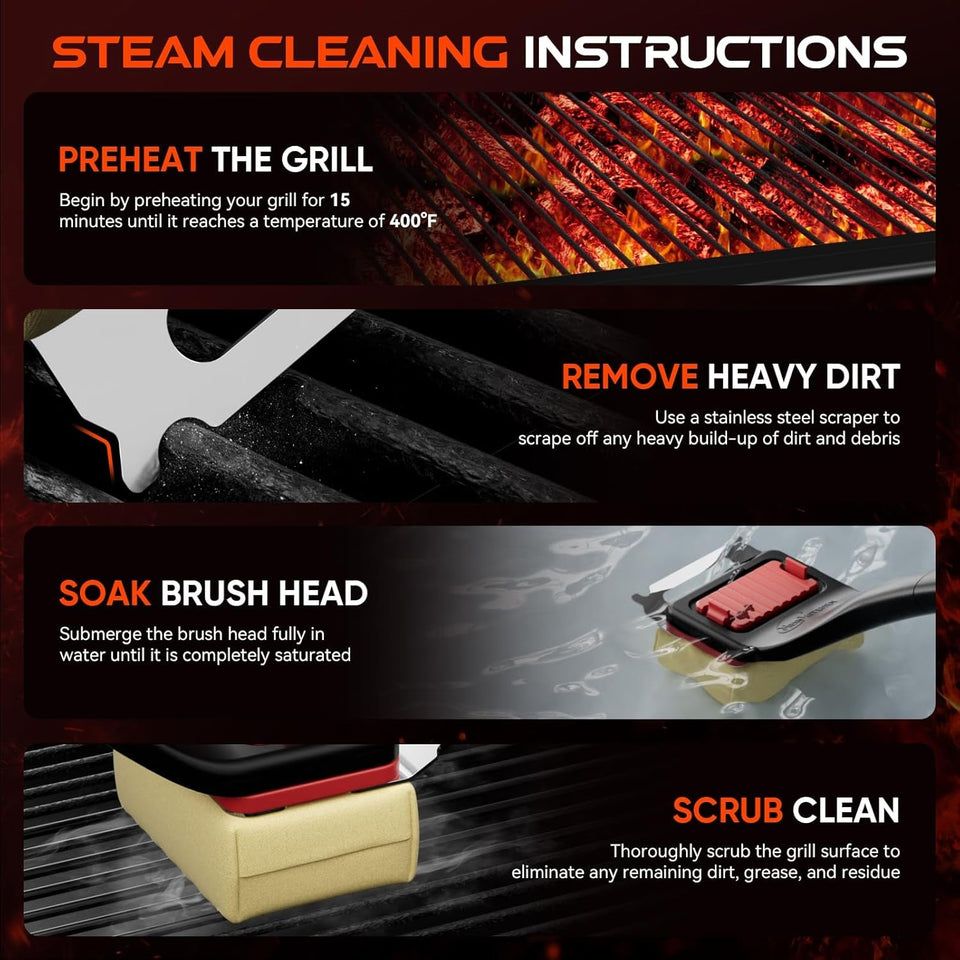 Grill Brush Bristle-Free Steam Cleaning. BBQ Brush Replaceable Heat-Resistant Kevlar Head with Grill Scraper Safe Barbecue Grill Cleaner