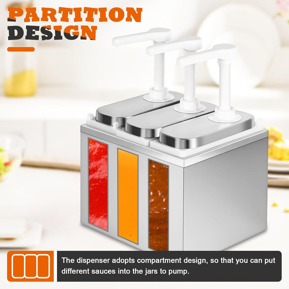 3.2Quart Condiment Pump Station Stainless Steel Sauce Dispenser Pump Condiment Pump Dispenser with 3 of 1.1 Quart Jars