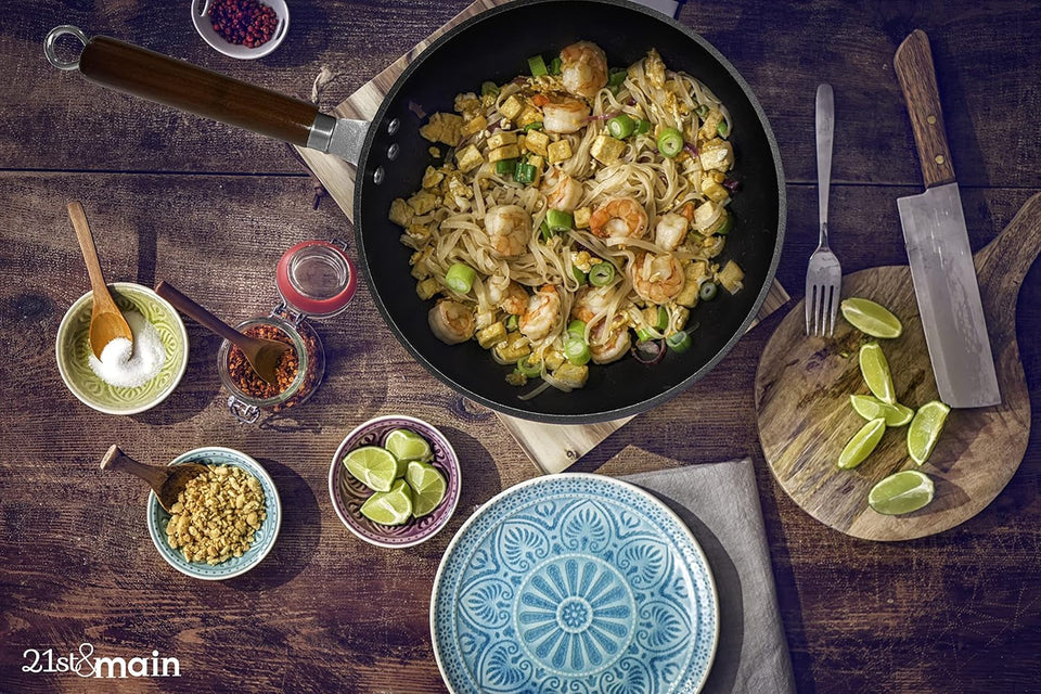 21St & Main Wok. Stir Fry Pan. Wooden Handle. 11 Inch. Lightweight Cast Iron. Chef'S Pan. Pre-Seasoned Nonstick. for Chinese Japanese and Other Cooking