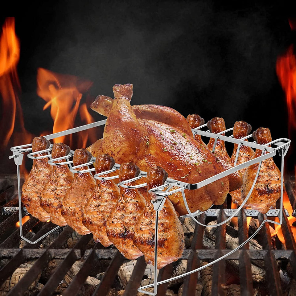 3-In-1Turkey Roasting Rack Rib Rack for Smoking & Chicken Leg Rack for Oven Grill - Holds 6 Large Ribs. 12 Chicken Leg Wing. 1 Whole Chicken - Premium Foldable Space-Saving Grilling Smoking Accessory