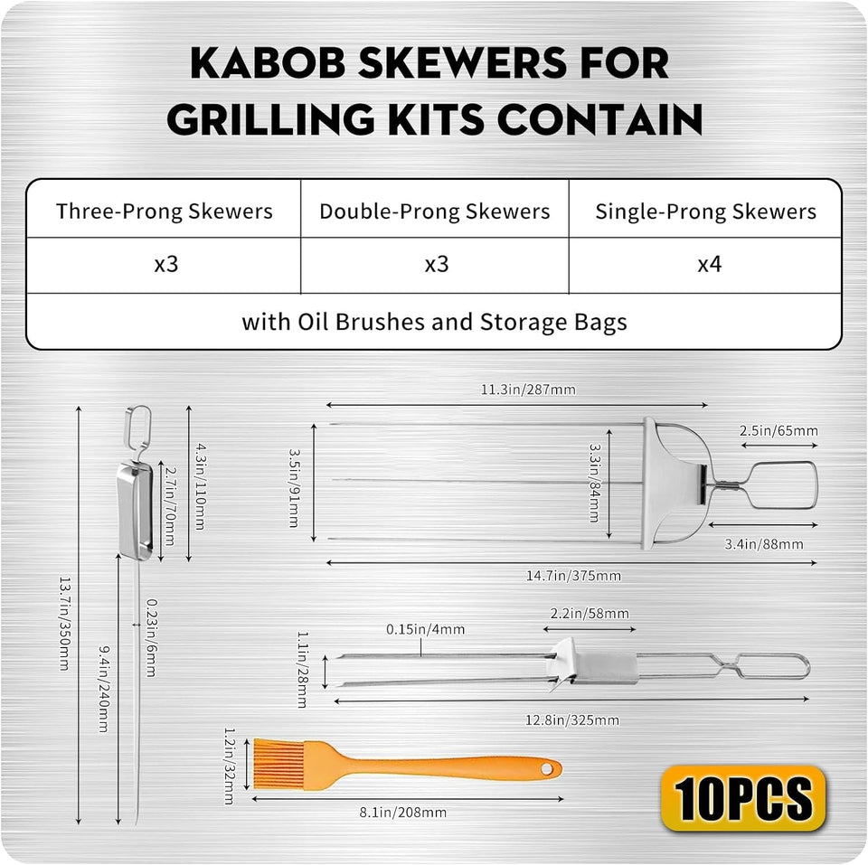 10PCS Kabob Skewers for Grilling.3.Double and Single Pronged Grilling Accessories.304 Stainless Steel Metal Skewers for Kabobs with Push Bar for Quick Release.With Storage Bag and Oil Brush