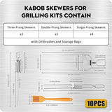 10PCS Kabob Skewers for Grilling.3.Double and Single Pronged Grilling Accessories.304 Stainless Steel Metal Skewers for Kabobs with Push Bar for Quick Release.With Storage Bag and Oil Brush