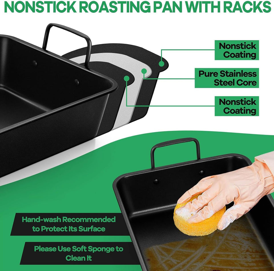 14 Inch Roasting Pan with Rack Set. P&P CHEF Turkey Roaster Pan & V-Shape Baking Rack & Cooling Rack for Chicken Vegetable Lasagna Cookie. Nonstick Coating & Stainless Steel Core. Sturdy & Healthy