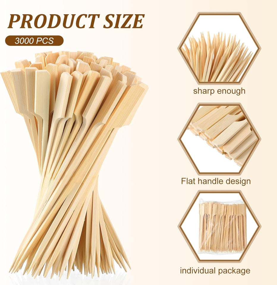 3000 Pcs Bamboo Skewers for Appetizers Toothpicks Wide Wooden Skewers Paddle for Kabobs Cocktail Picks Fruit Kababs Bbq Barbecue Sausage Grilling(6 Inches)