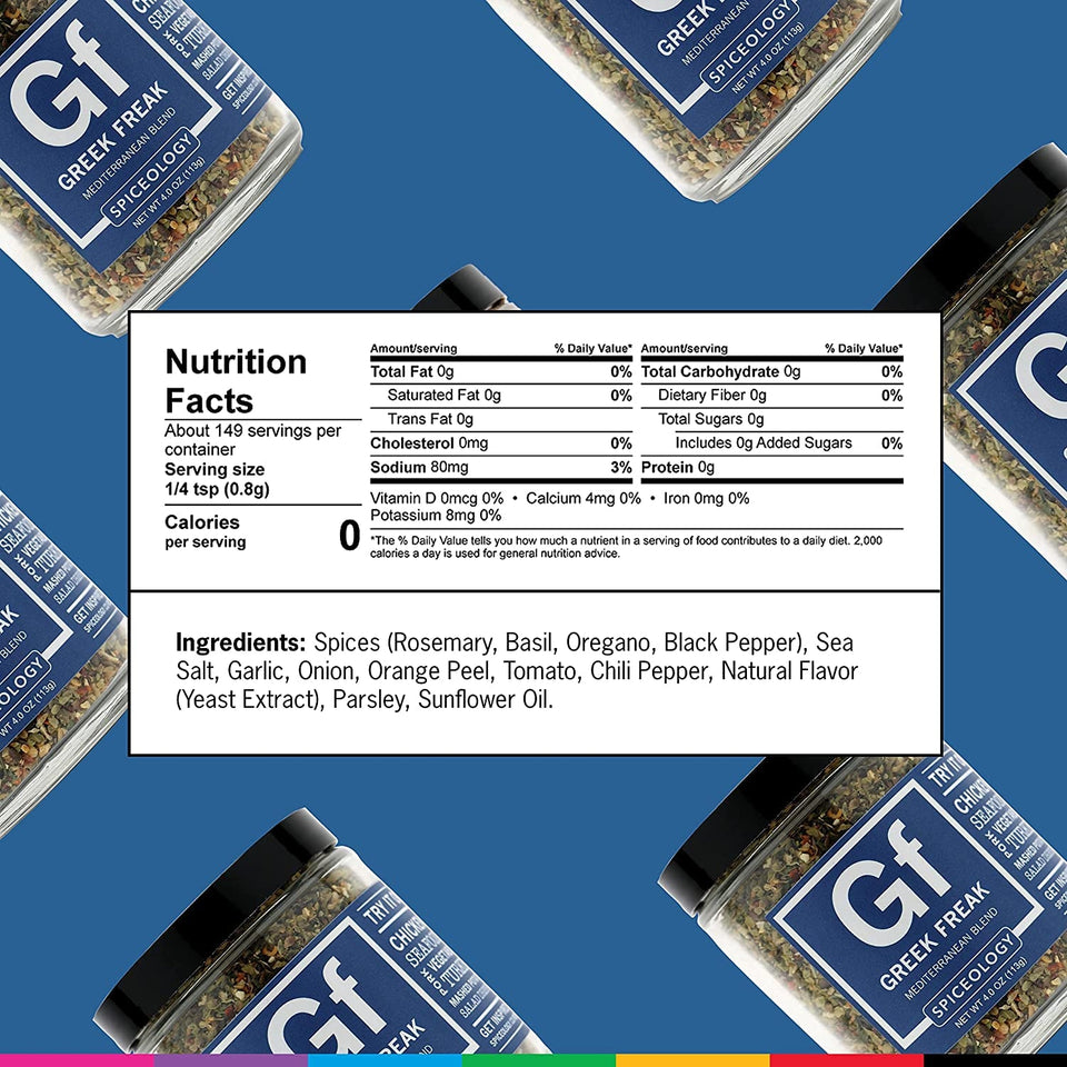 - Greek Freak Mediterranean Spice Blend - All-Purpose Rubs. Spices and Seasonings - Use On: Chicken. Chickpeas. Beef. Seafood. Pork. Vegetables. Turkey. Potatoes and Salad Dressing - 4 Oz